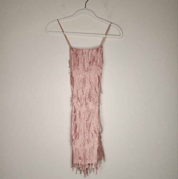 Lulus Making Magic Blush Pink Fringe Lace-Up Mini Dress XS - Picture 2 of 4